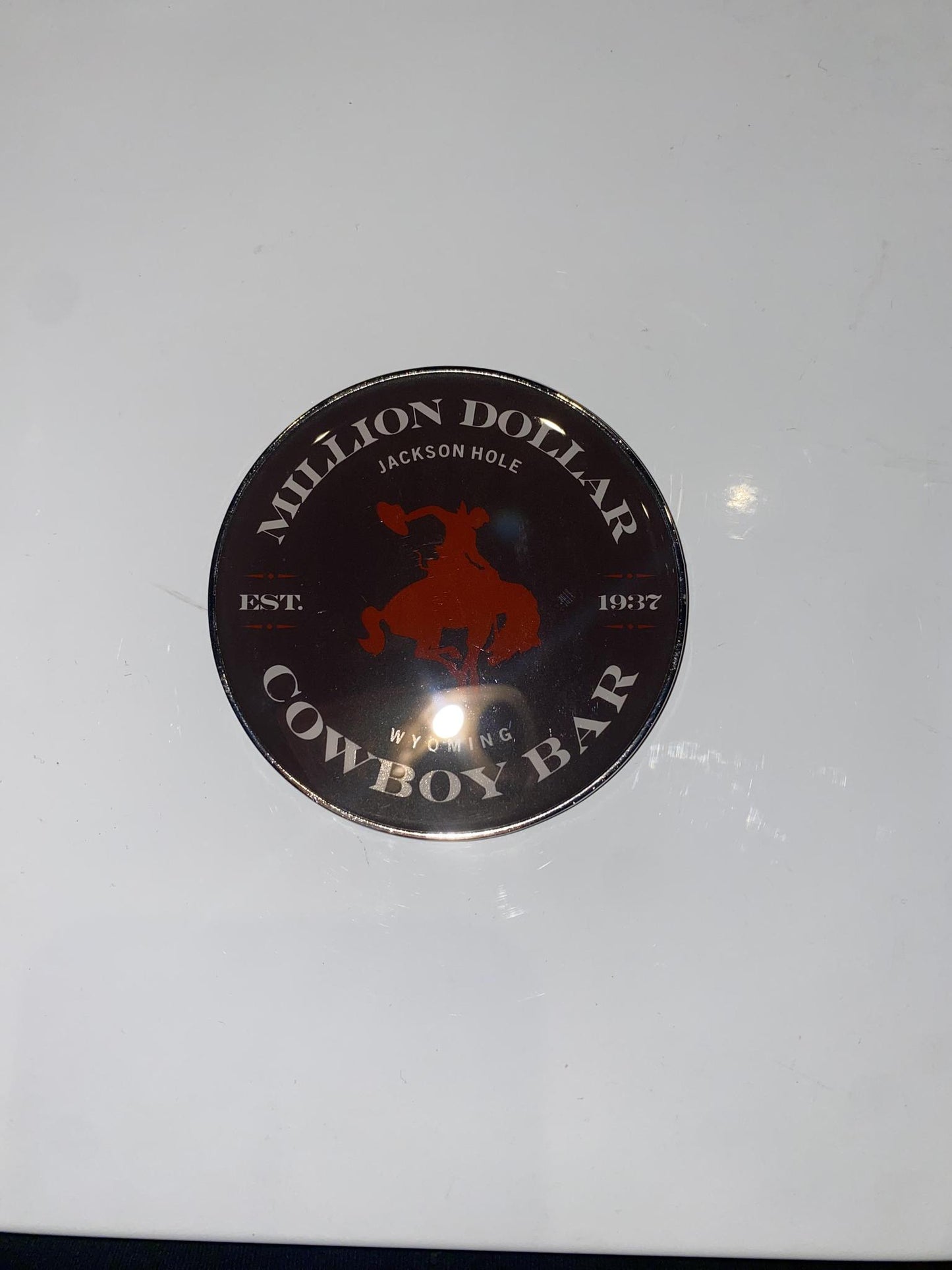 Round Magnet Brown with Red Logo